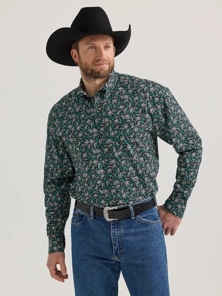 Men's Wrangler Goerge Strait Black/Green Paisley Print Long Sleeve Button  Down Shirt | Let's Ride Boots and Apparel