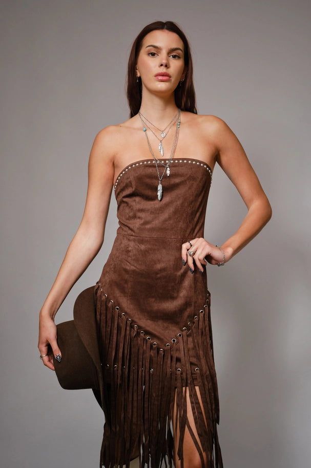 brown fringe mini dress Women's Blue B Dark Brown Fringe Dress
