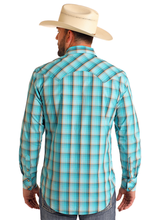 mens turquoise long sleeve dress shirt Men's Rock & Roll Bright Plaid Turquoise Long Sleeve Snap Shirt