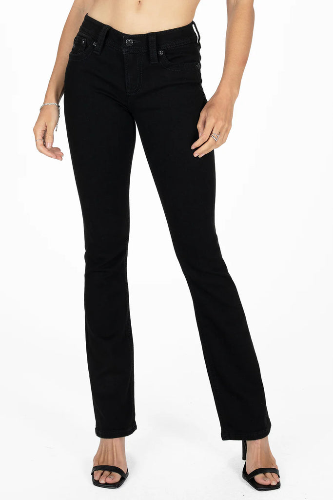 Women's Miss Me Mid-Rise Black Wing Bootcut Jeans Let's Ride