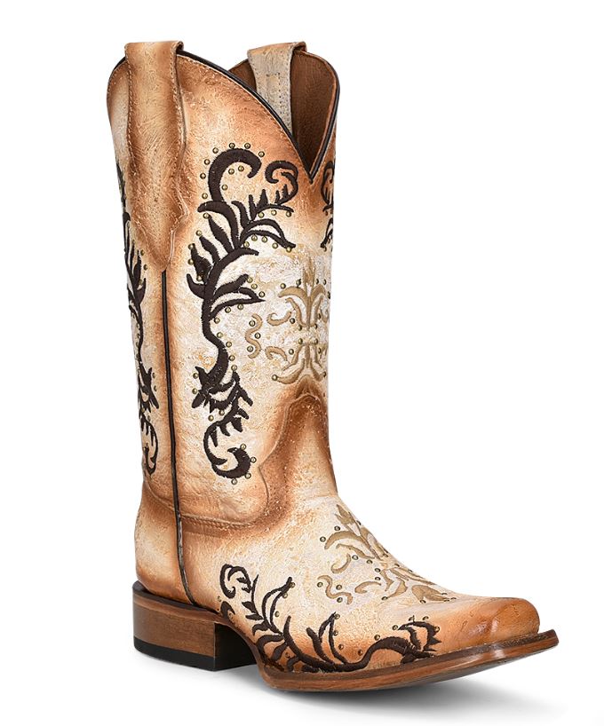 Women's Circle G White/Brown Embroidered Stud Square Toe Boot