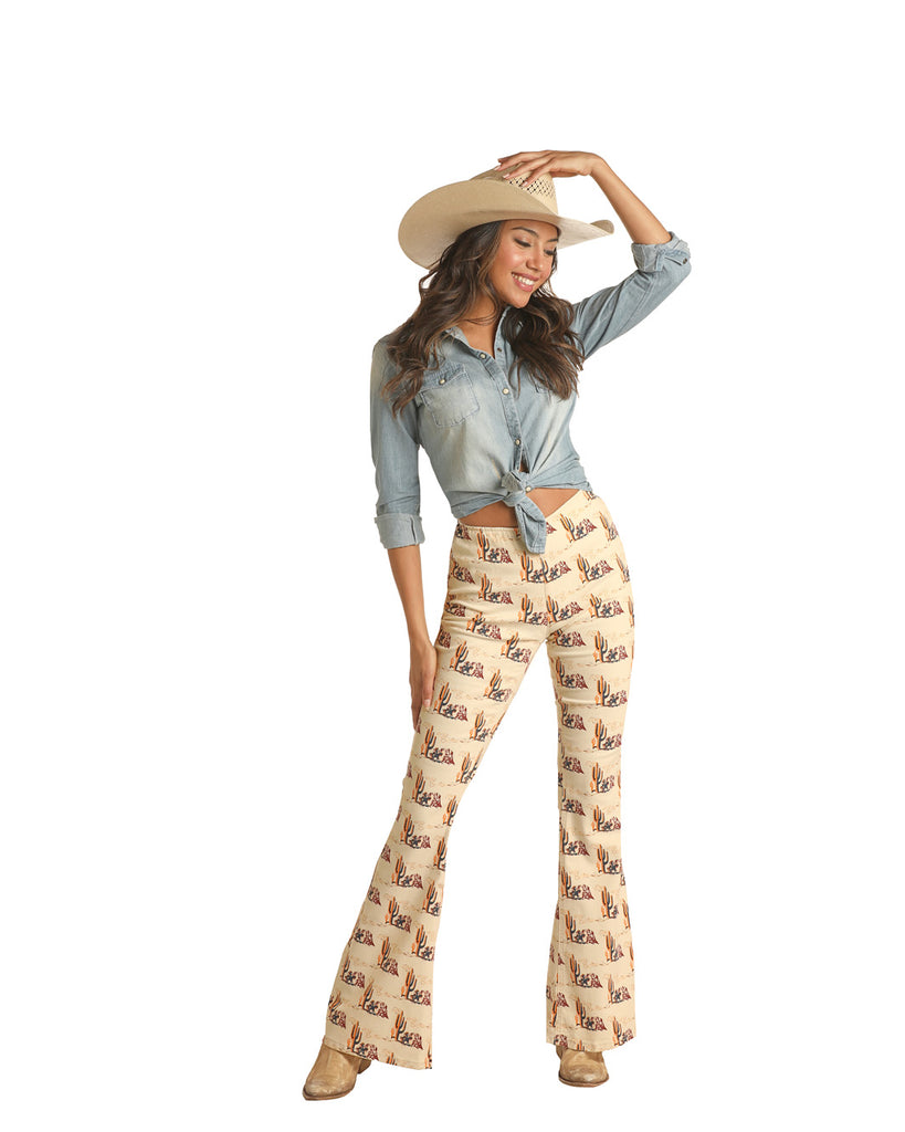 Western Cowboy Print Flare Leg Pants, Vintage High Waist Button Pants,  Women's Clothing