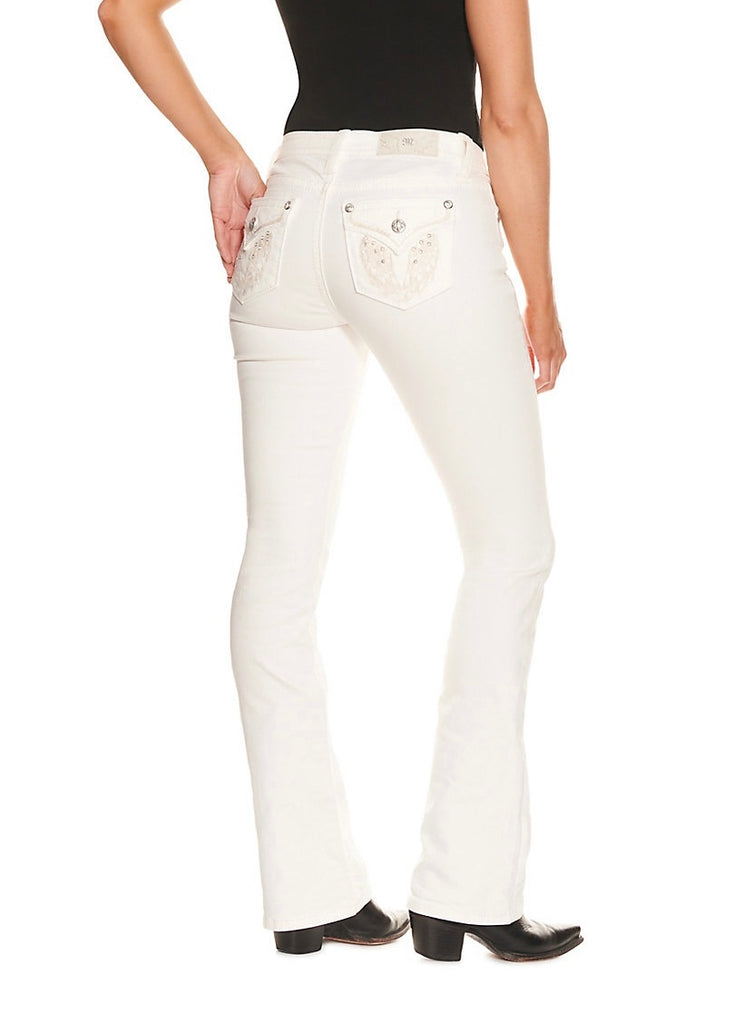 Women's Miss Me White Winged Mid Rise Boot Cut Jean