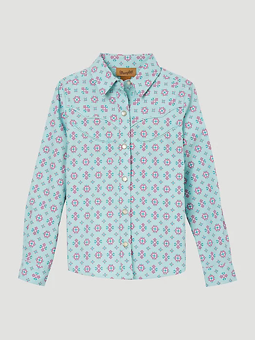 Girl's Wrangler Turquoise Print Long Sleeve Snap Shirt
