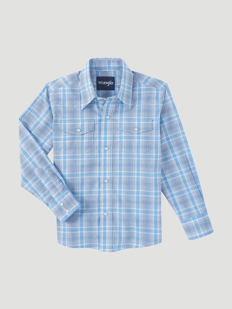 Boy's Wrangler Wrinkle Free Classic Blue Long Sleeve Snap Shirt