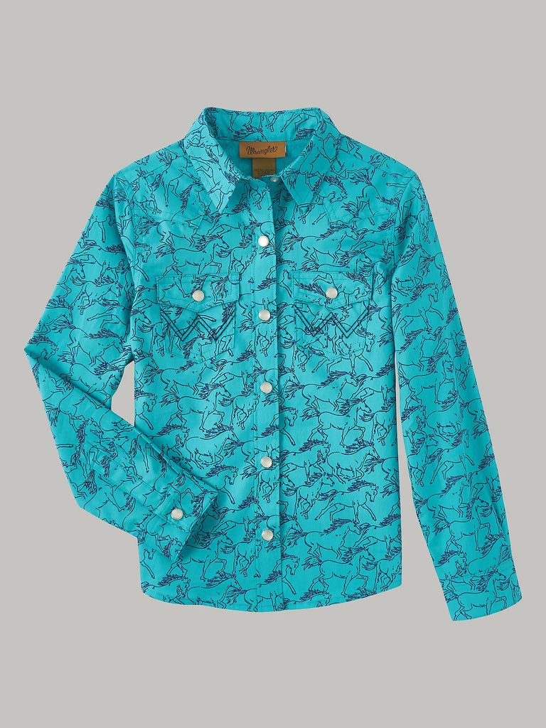 Girl's Wrangler Turquoise Horse Print Snap Shirt