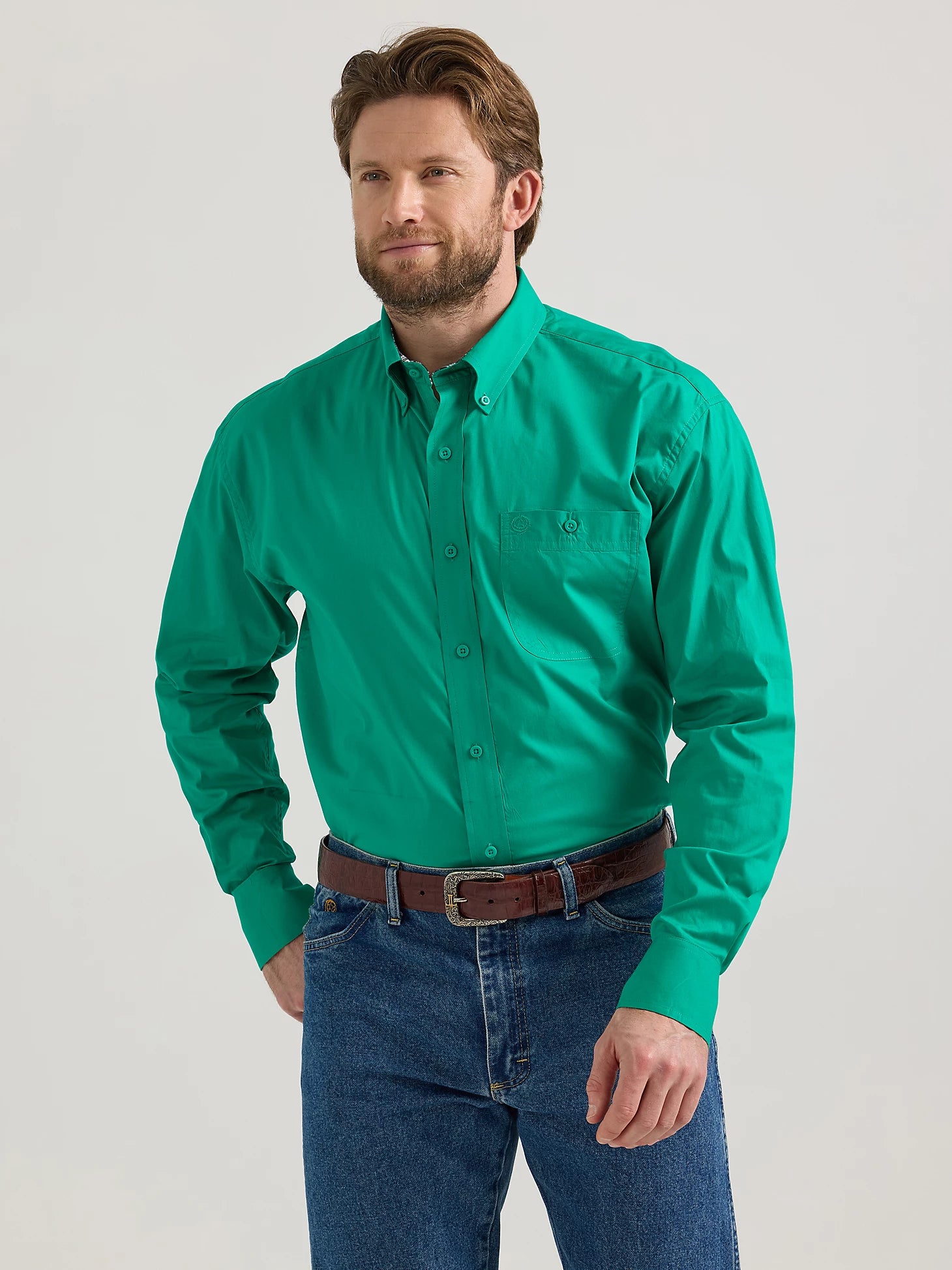 Men's Wrangler George Strait Solid Green Long Sleeve Button Down