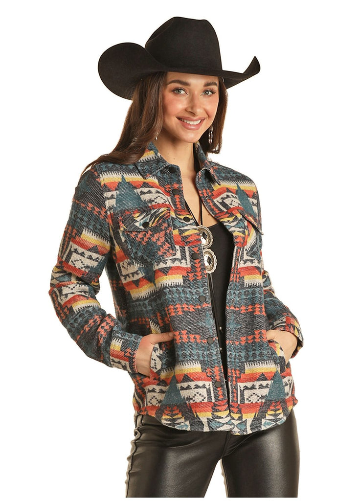 Women's Rock & Roll Teal Aztec Shacket With Snaps