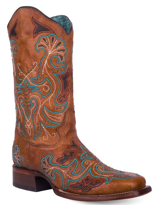 thumbnail image 2 of Corral Ladies Bone & Multicolor Inlay Studded Square Toe Boots C3405 – Western Cowboy, Mid-Calf, Stacked Heel 2 of 5