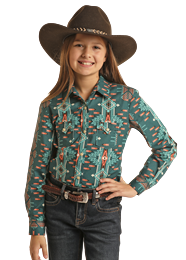 Girl's Rock & Roll Turquoise Aztec Print Snap Shirt