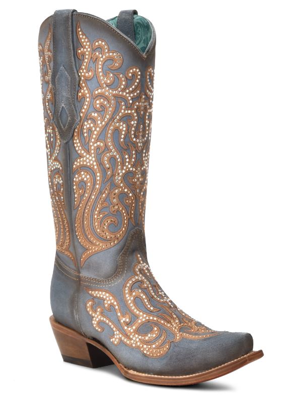 Women's Corral Blue-Honey Overlay & Embroidery & Crystals Boot