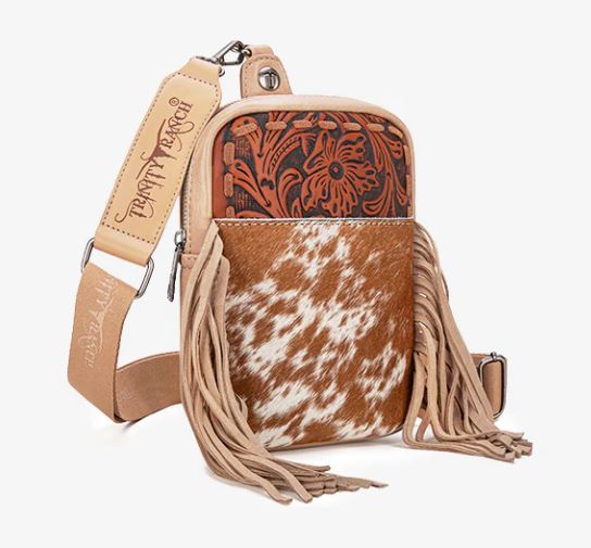 Trinity Ranch Fringe Hair-On Cowhide Tan Sling Bag