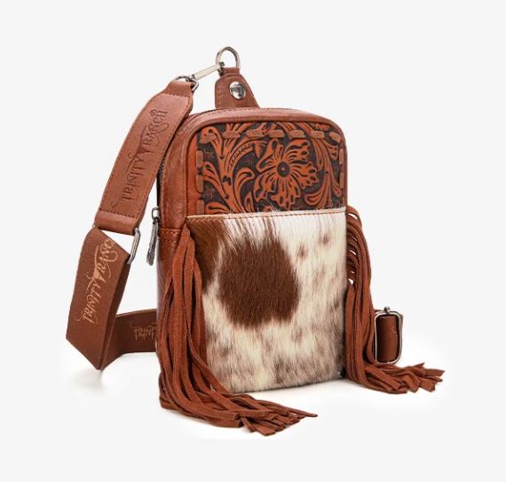 Trinity Ranch Fringe Hair-On Cowhide Brown Sling Bag