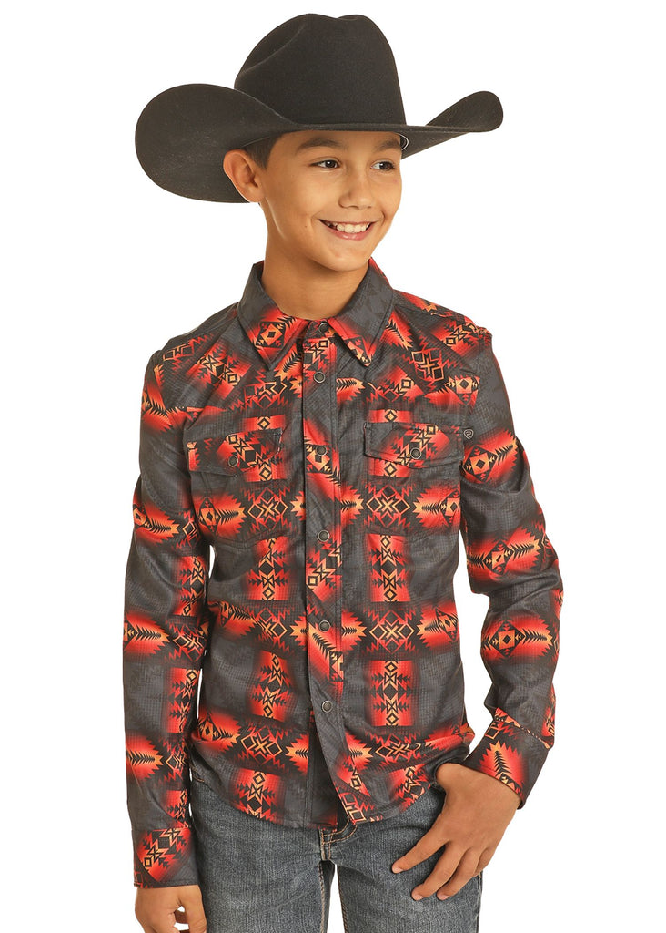 Boy's Rock & Roll Orange Long Sleeve Tek Snap Shirt