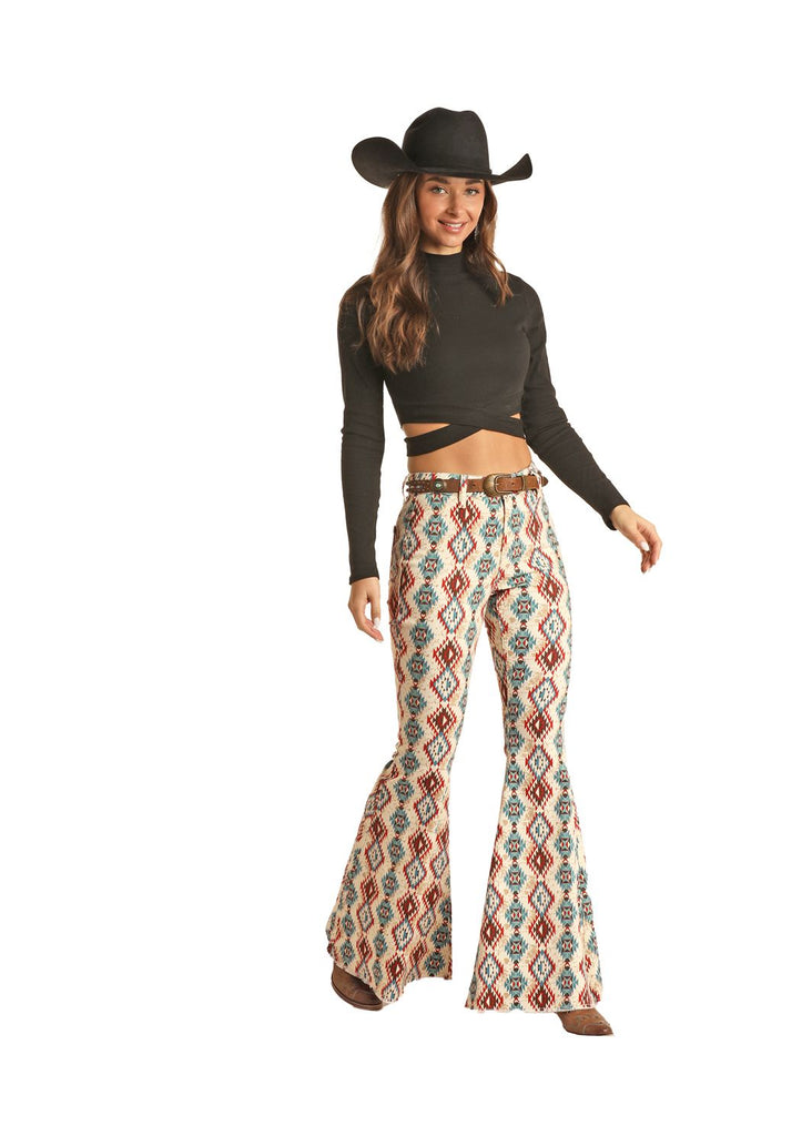 Women's Rock & Roll Cowhide Aztec Bell Bottom Jean