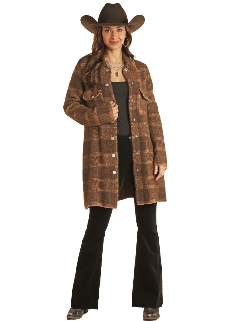 Women's Rock & Roll Plaid Knit Brown Coat