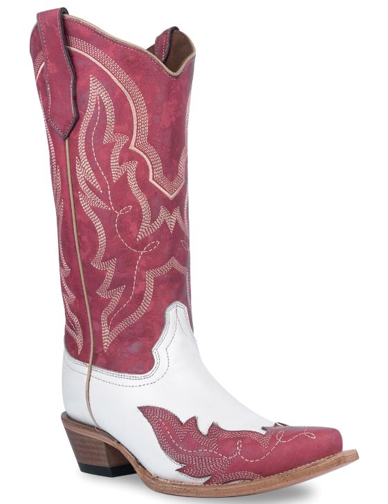 Women's Circle G White/ Pink Wing Tip Overlay & Embroidery Boot