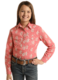 Girl's Panhandle Cactus Print Long Sleeve Snap Shirt
