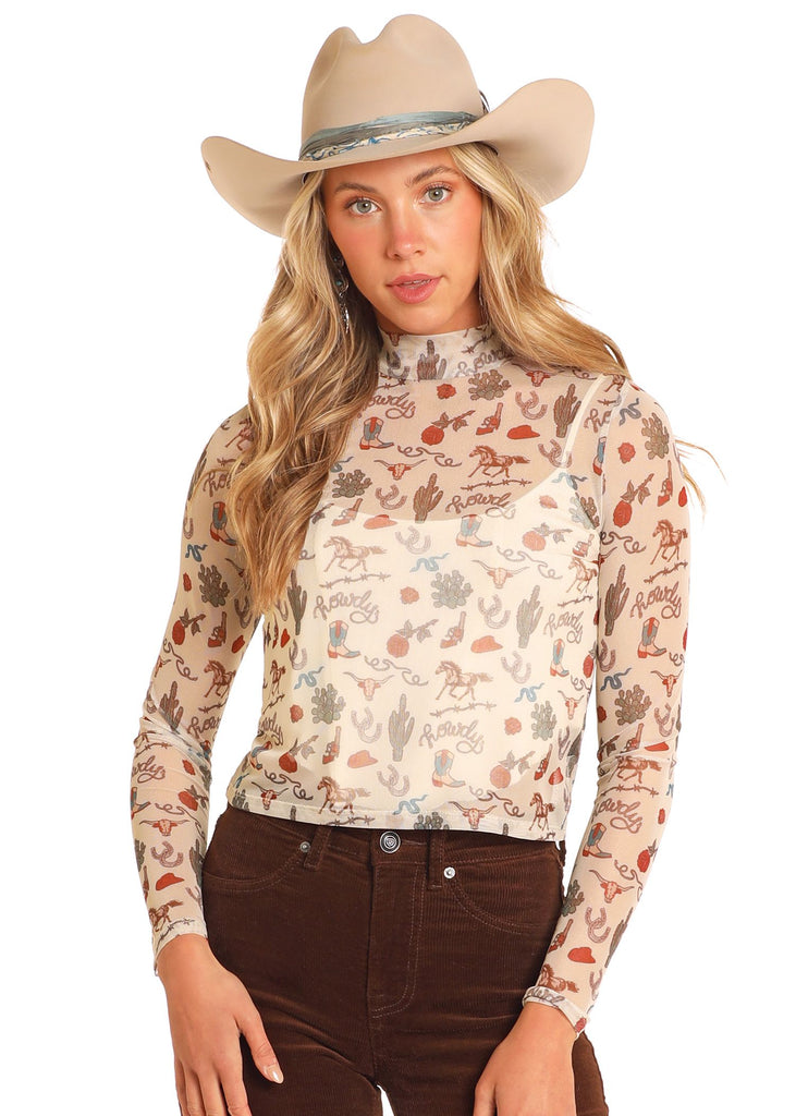 Women's Rock & Roll Western Print Mesh Top