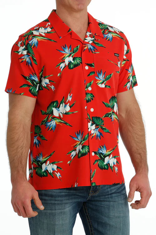 Men's Cinch Camp Red Floral Short Sleeve Button Down Shirt