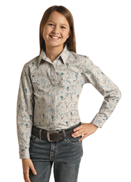 Girl's Panhandle Boot & Hat Print Long Sleeve Snap Shirt