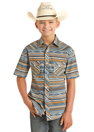 Boy's Rock & Roll Vintage Aztec Stripe Short Sleeve Snap Shirt