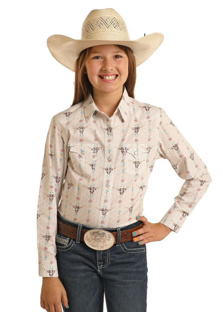 Girl's Panhandle Longhorn Print Long Sleeve Snap Shirt