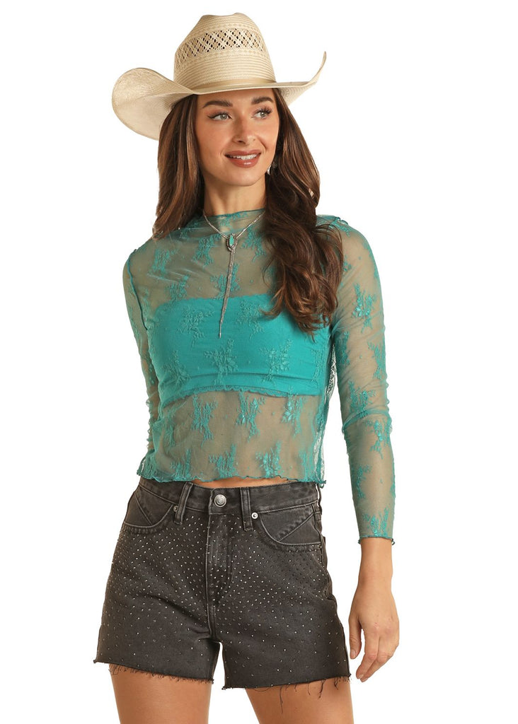 Women's Rock & Roll Turquoise Mesh Lace Top