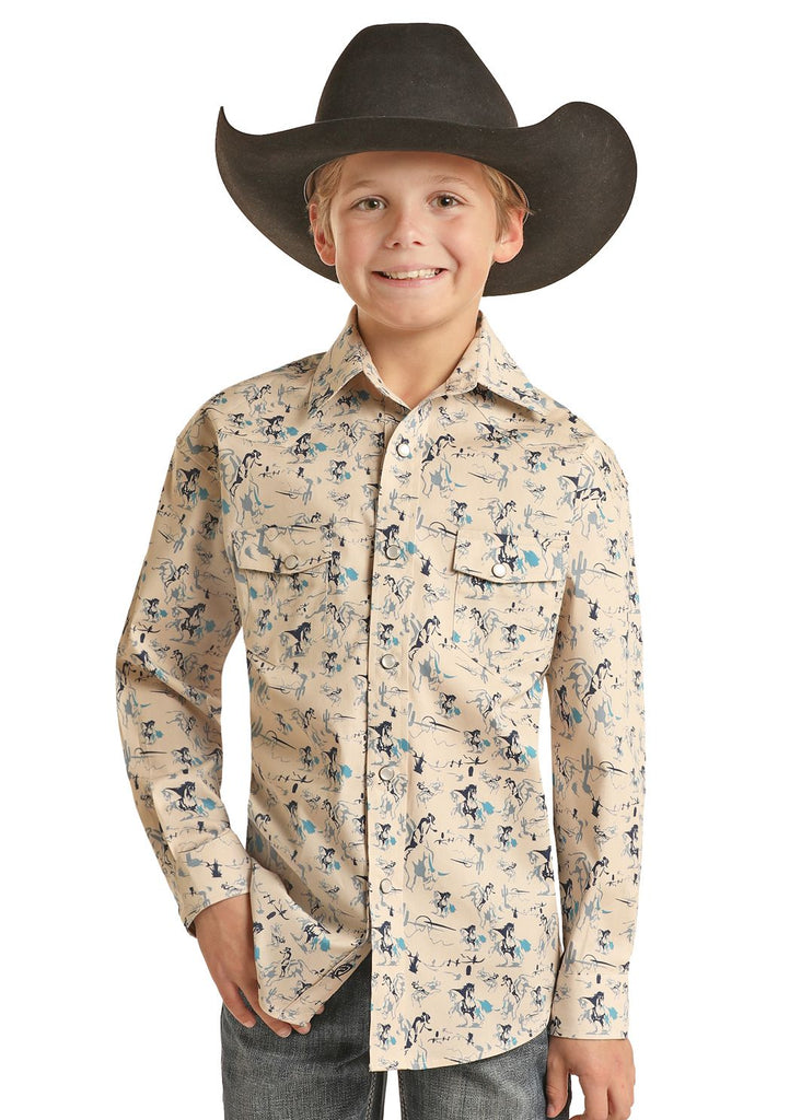 Boy's Rock & Roll Cactus Cowboy Print Snap Shirt