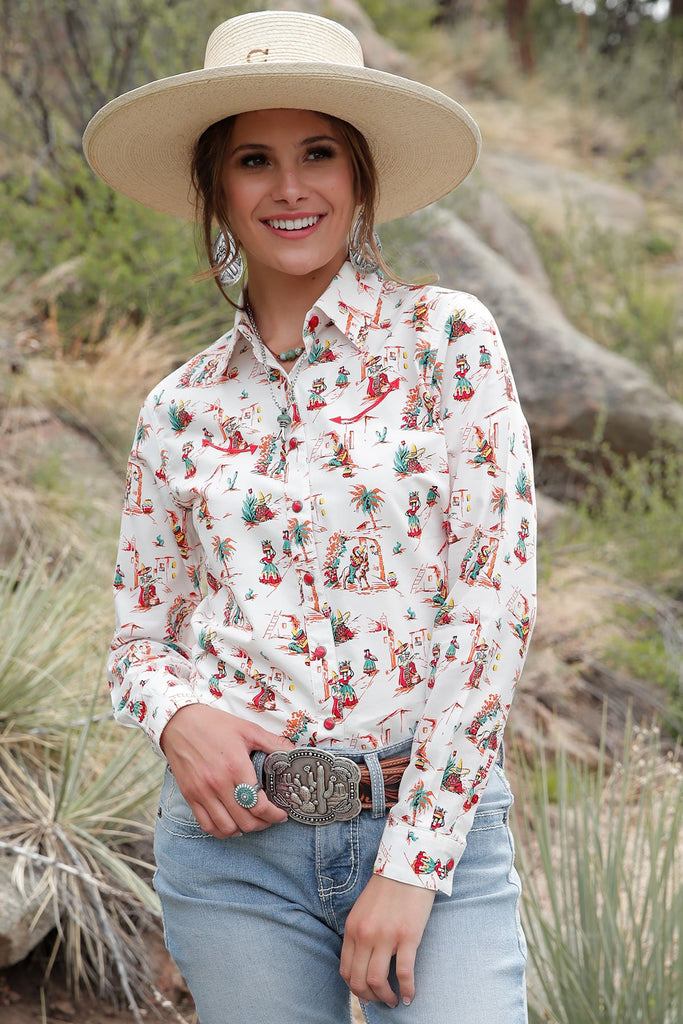 Women's Cruel Western Mexico Print Long Sleeve Snap Shirt
