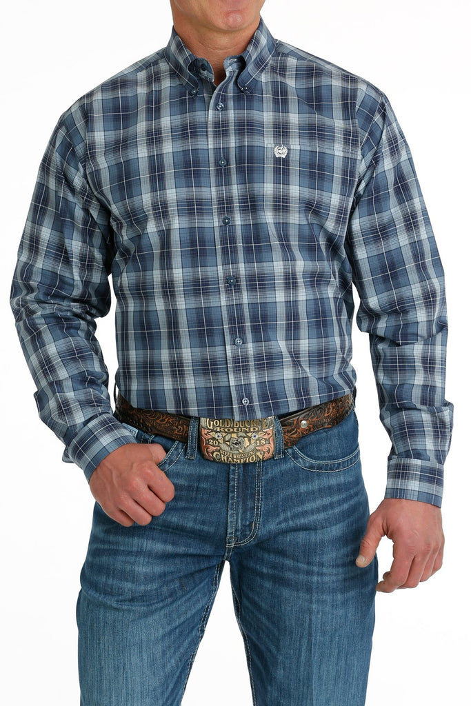 Men's Cinch Multi Blue Plaid Long Sleeve Button Down Shirt