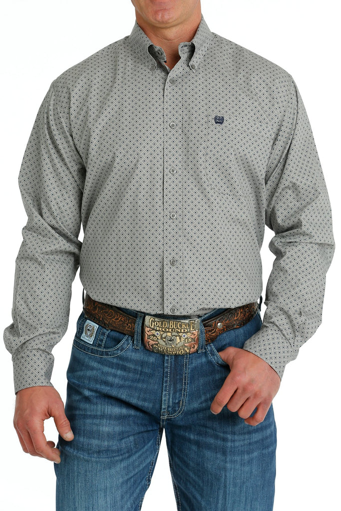 Men's Cinch Grey Diamond Print Long Sleeve Button Down Shirt