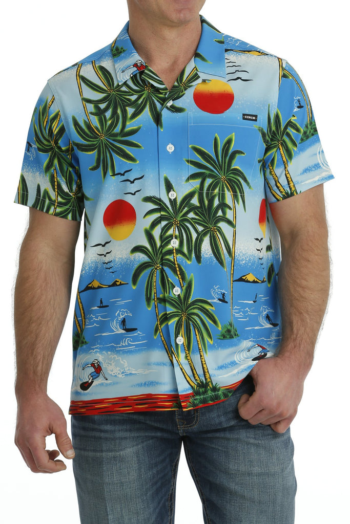 Men's Cinch Camp Blue Palm Tree Short Sleeve Button Down Shirt