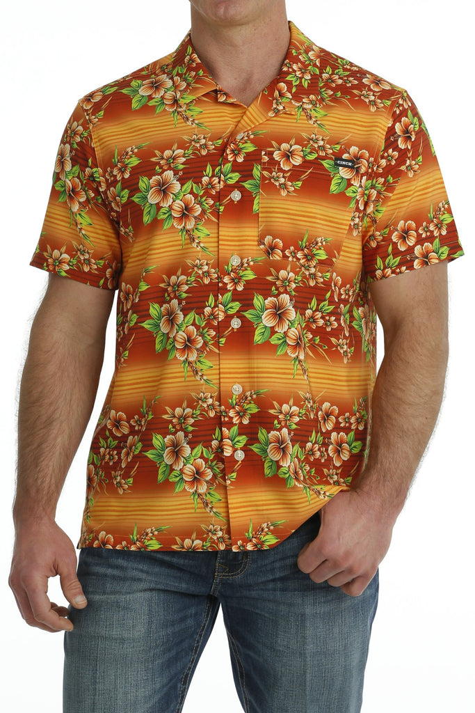 Men's Cinch Camp Orange Floral Short Sleeve Button Down Shirt