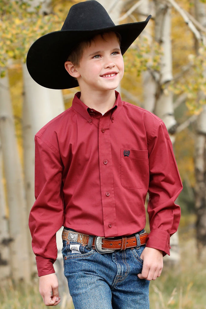 Boy's Cinch Solid Red Long Sleeve Button Down Shirt