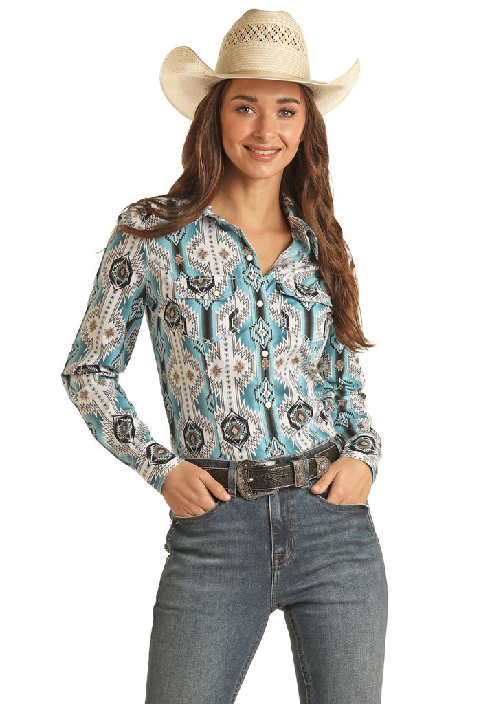 Women's Rock & Roll Turquoise Aztec Print Long Sleeve Snap Shirt