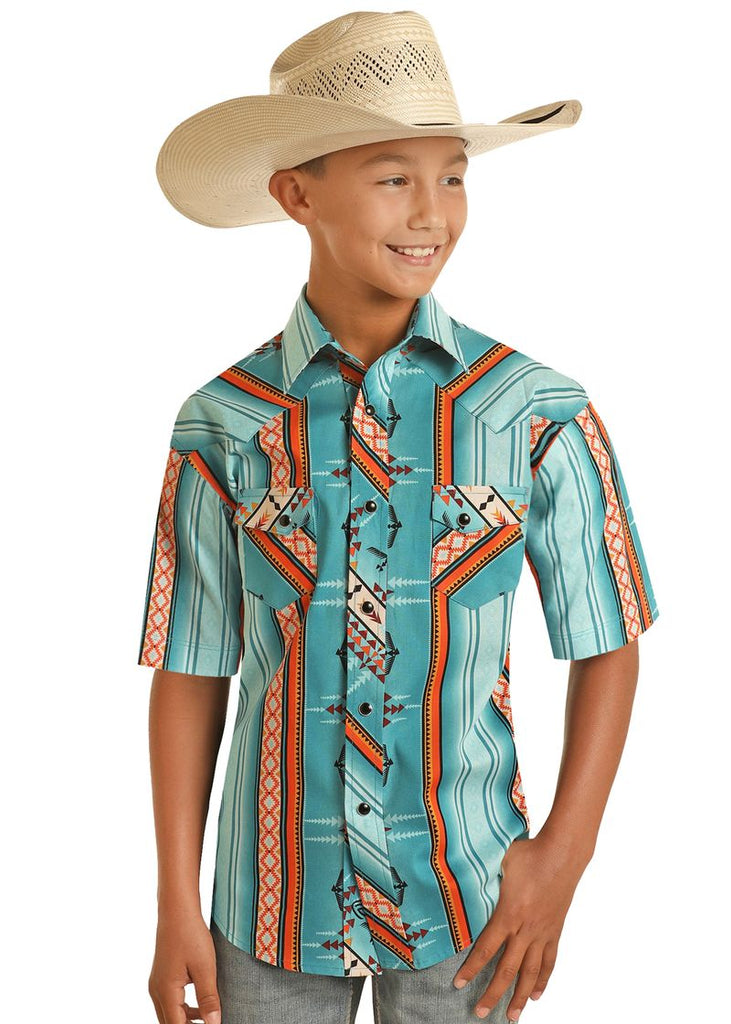 Boy's Rock & Roll Aztec Print Short Sleeve Snap Shirt