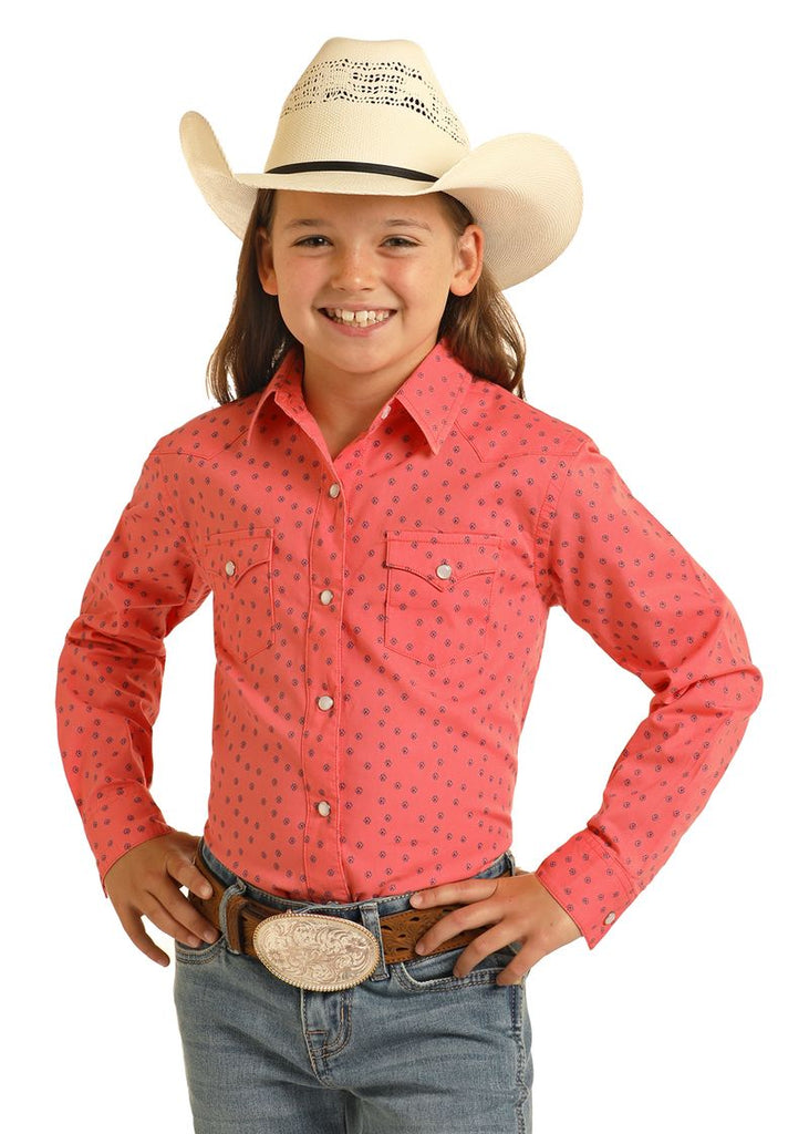 Girl's Panhandle Coral Print Long Sleeve Snap Shirt