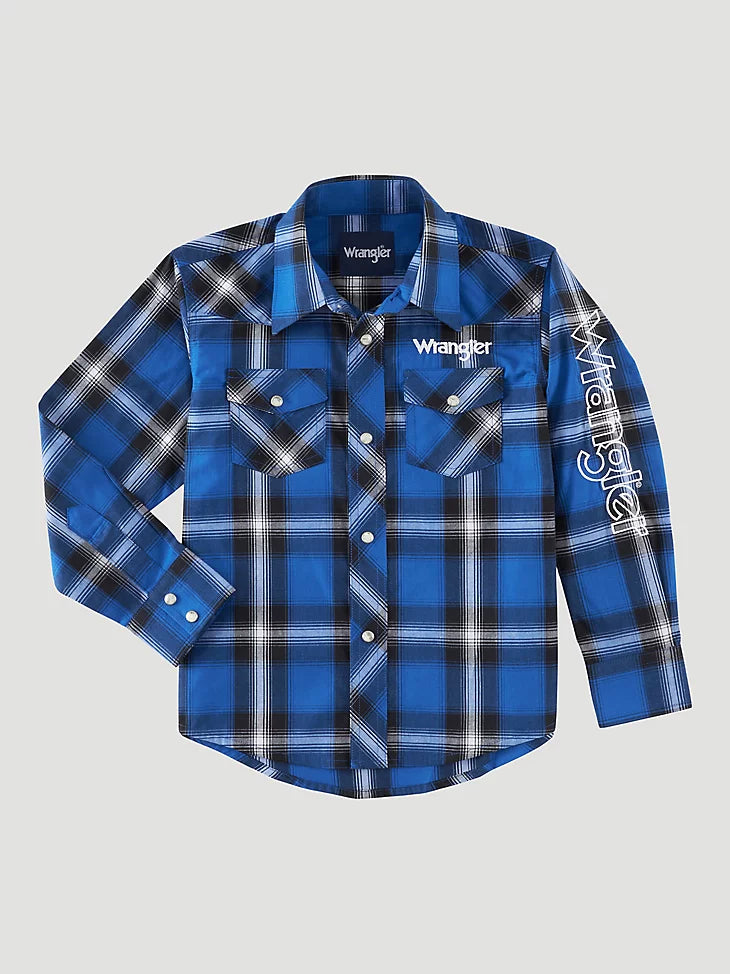 Boy's Wrangler Blue/Black Logo Snap Shirt