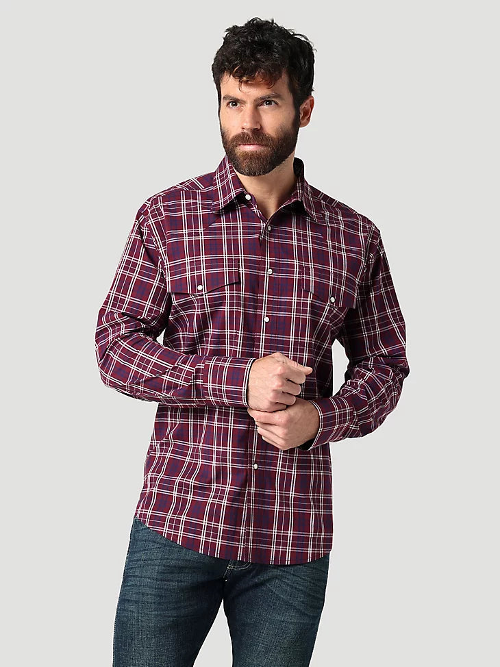 Men's Wrangler Burgundy Plaid Snap Shirt