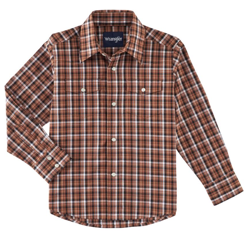 Boy's Wrangler Multi Brown Plaid Snap Shirt