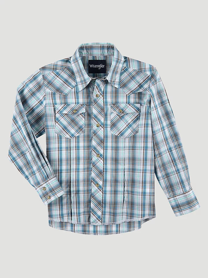 Boy's Wrangler Retro Blue Multi Plaid Snap Shirt