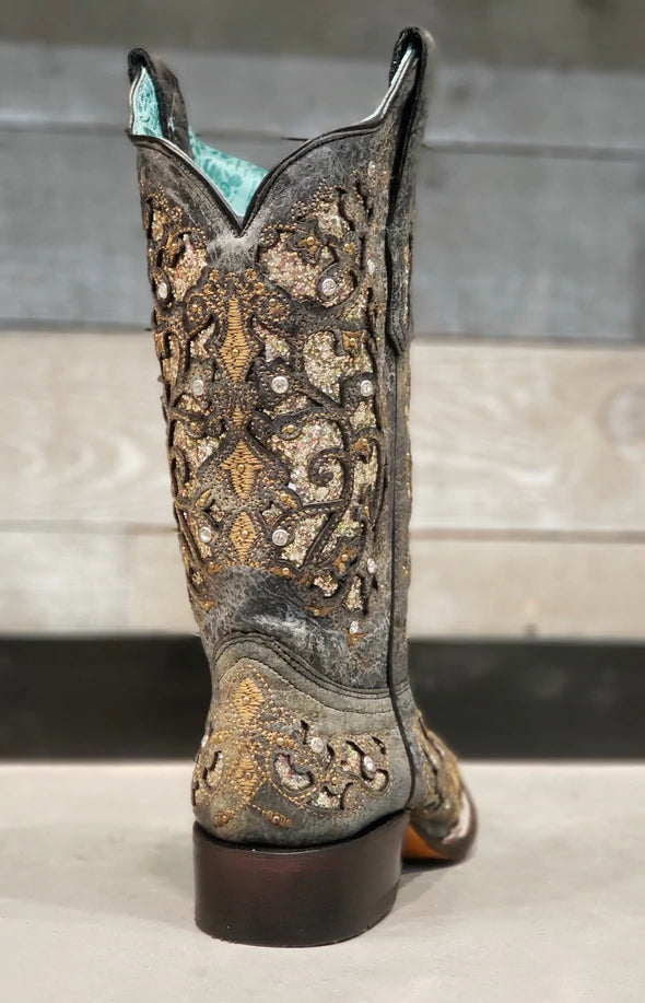 Women's Corral Black Glitter Inlay Stud Inlay Western Boot