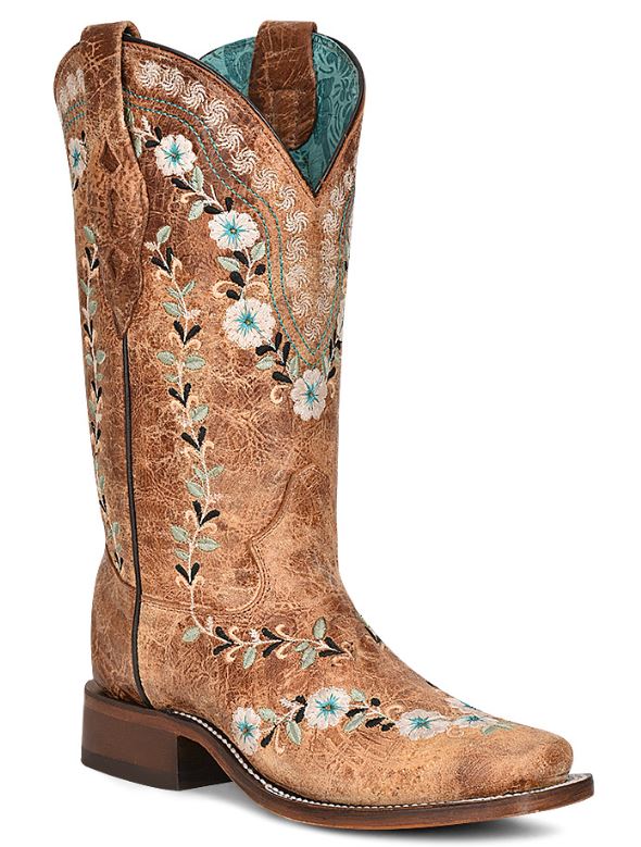 Women's Corral Distressed Cognac Floral Embroidery Boot
