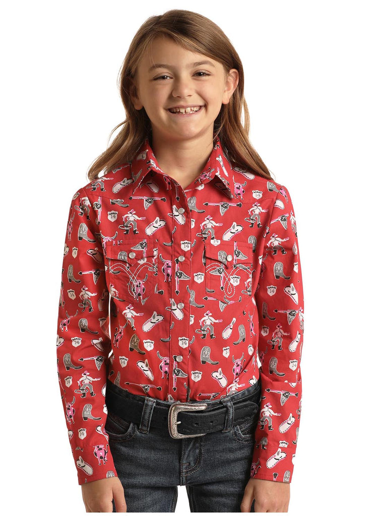 Girl's Panhandle Steer & Boot Red Snap Shirt