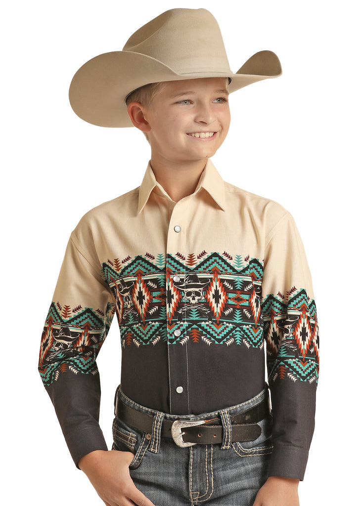 Boy's Panhandle Aztec Border Skull Long Sleeve Snap Shirt