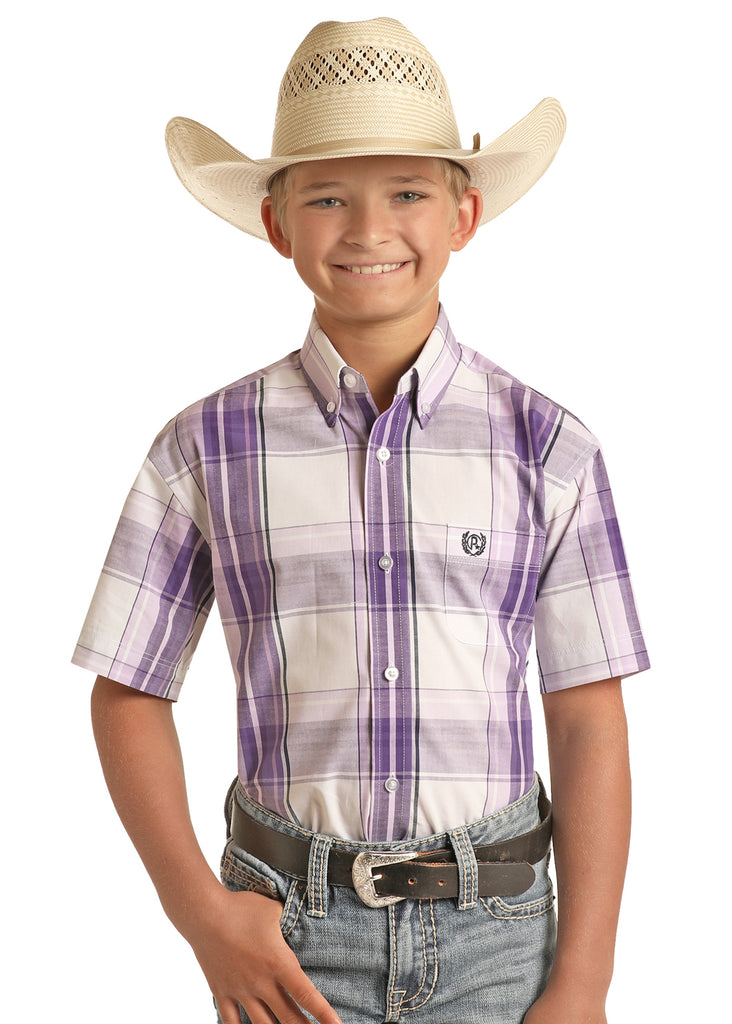 Boy's Panhandle Purple Plaid Short Sleeve Snap Shirt