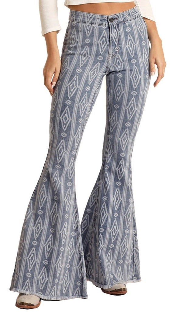 Women's Rock and Roll Button Bell High Rise Aztec Flare Jeans