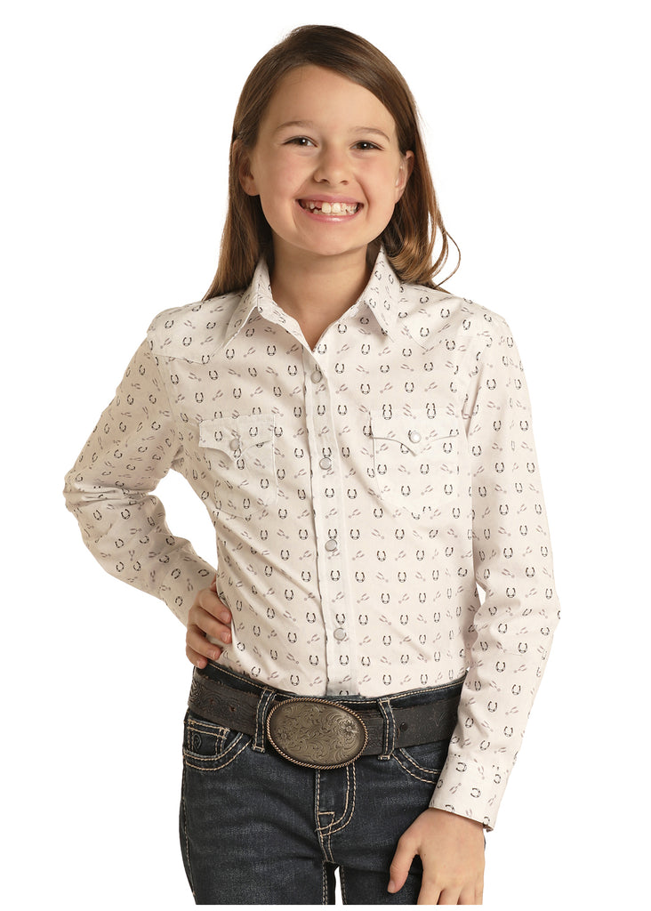 Girl's Panhandle Horseshoe Print Long Sleeve Snap Shirt