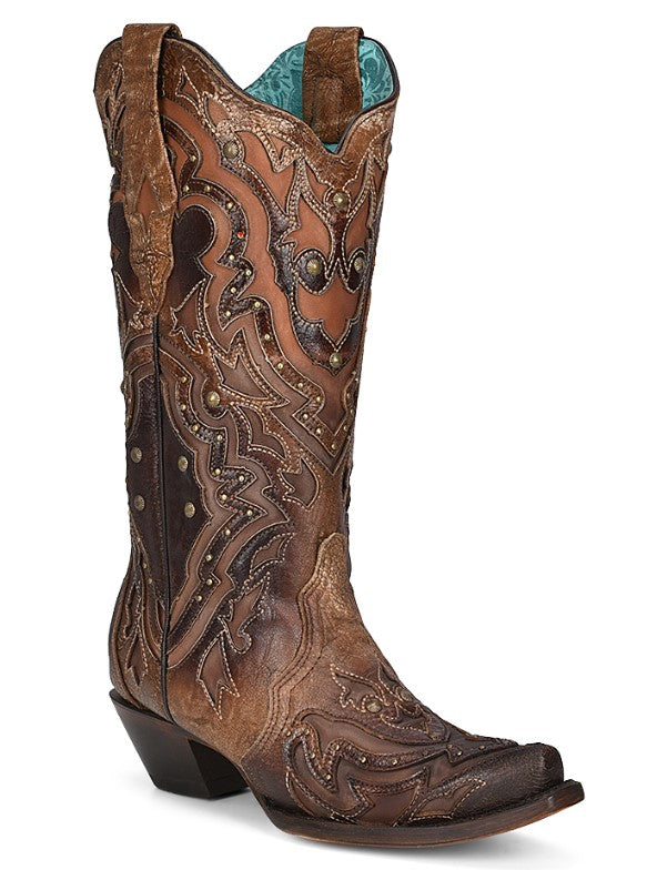 Women's Corral Brown Inlay and Embroidered Studded Boot